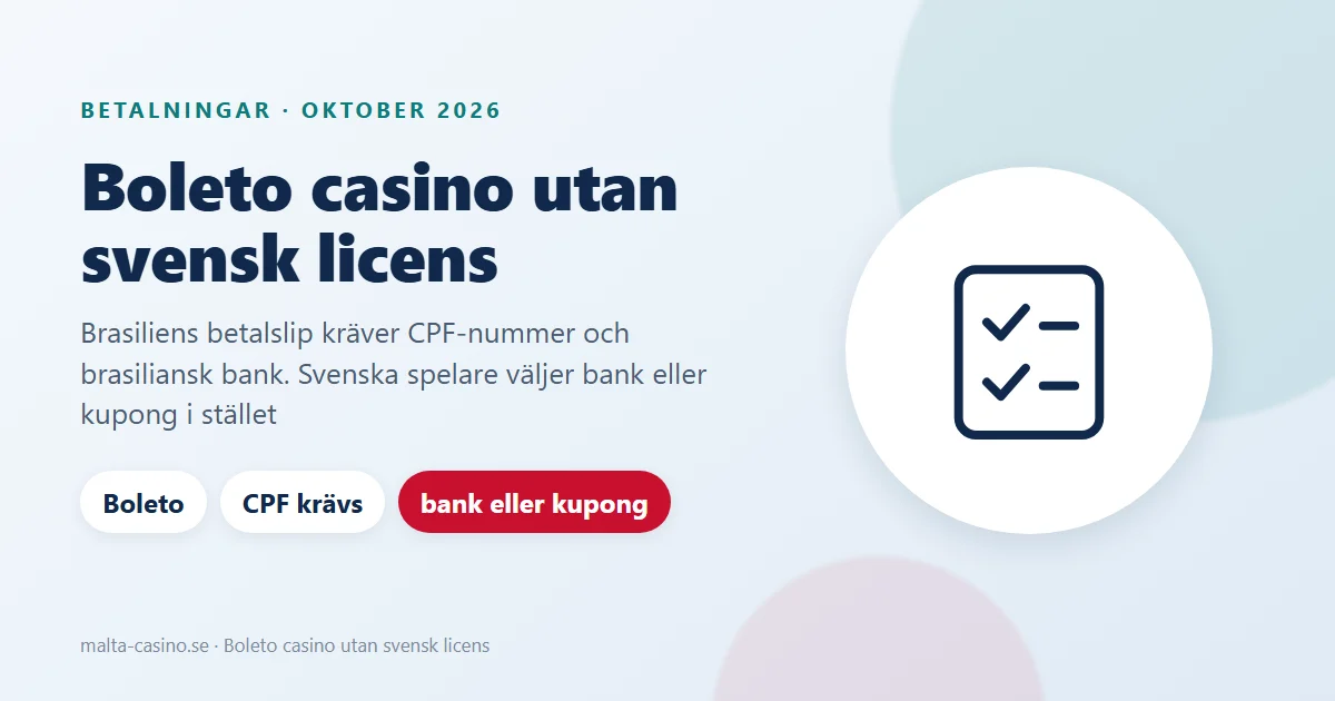 Illustration: Boleto casino, ett brasilianskt betalslip som kräver CPF-nummer, bredvid svenska alternativ som banköverföring och kupong