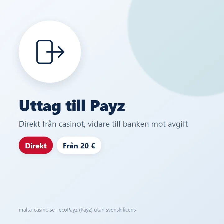 Illustration: uttag från casinot till Payz anges som direkt, vidare till banken kostar en avgift