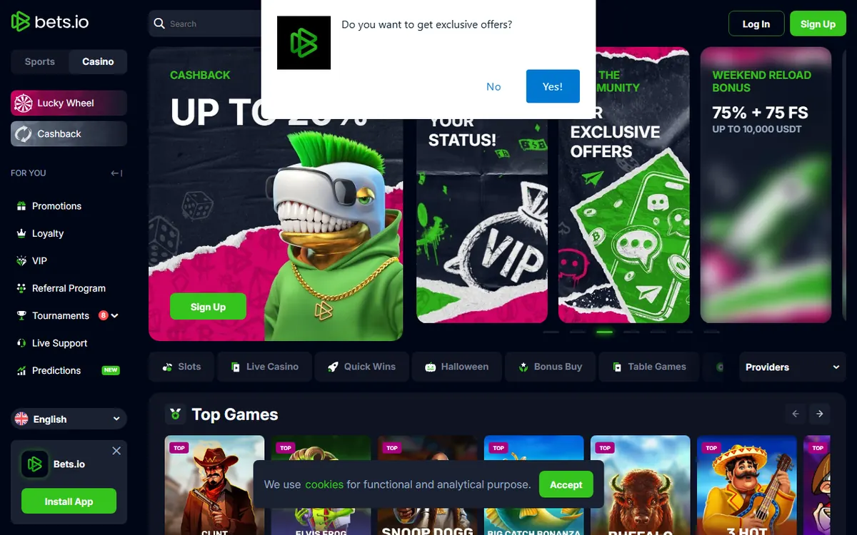 Startsidan hos Bets.io