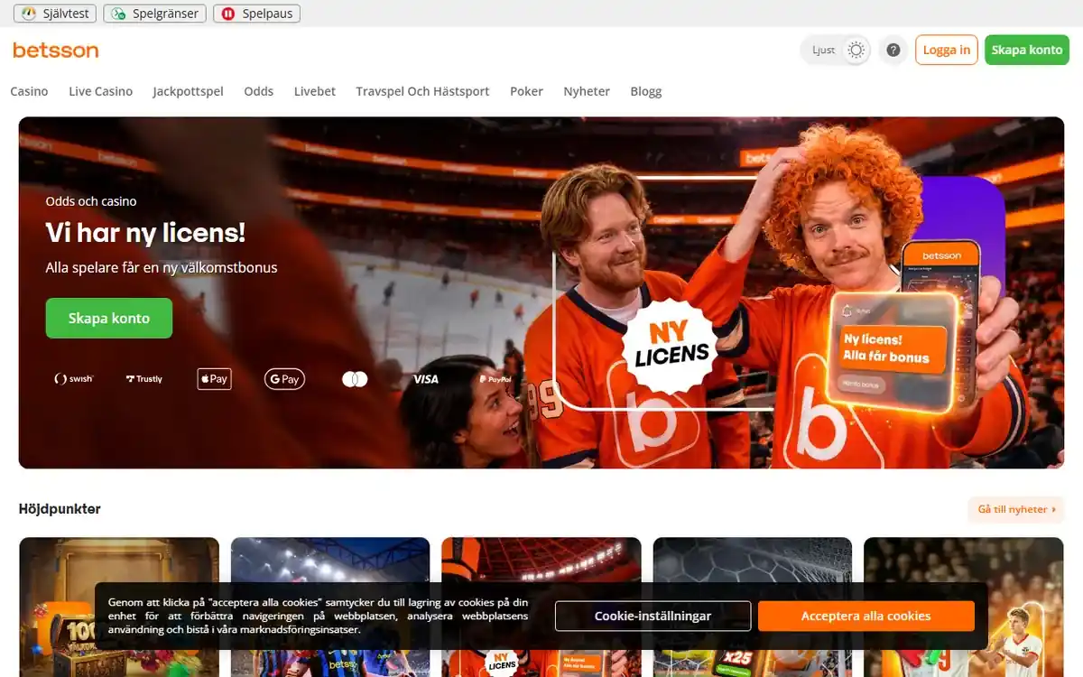 Startsidan hos Betsson (betsson.com), skärmbild 18 oktober 2026