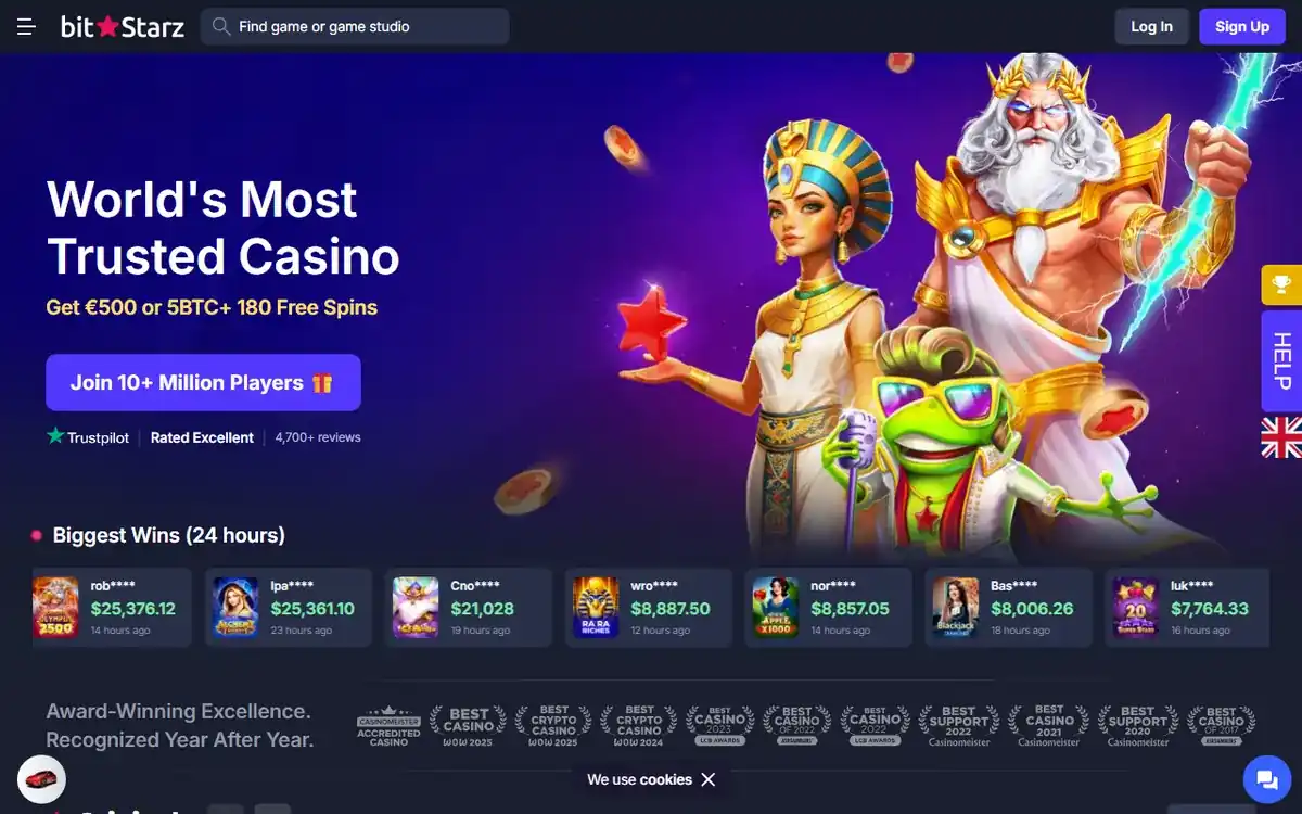 Startsidan hos BitStarz (bitstarz.com), skärmbild 18 oktober 2026