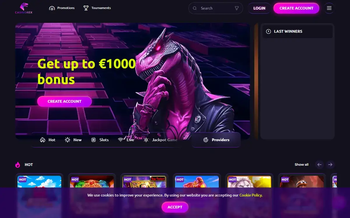 Startsidan hos Casino Rex (casinorex.com), skärmbild 18 oktober 2026