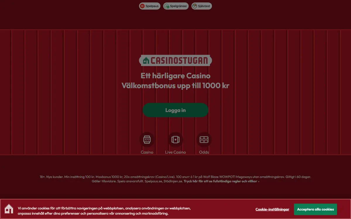 Startsidan hos Casinostugan (casinostugan.com), skärmbild 18 oktober 2026