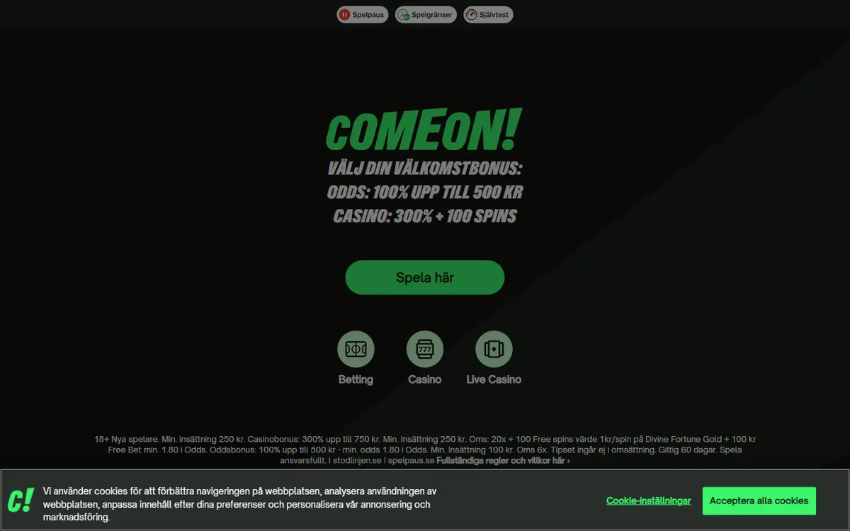 Startsidan hos ComeOn (comeon.com/sv), skärmbild 18 oktober 2026