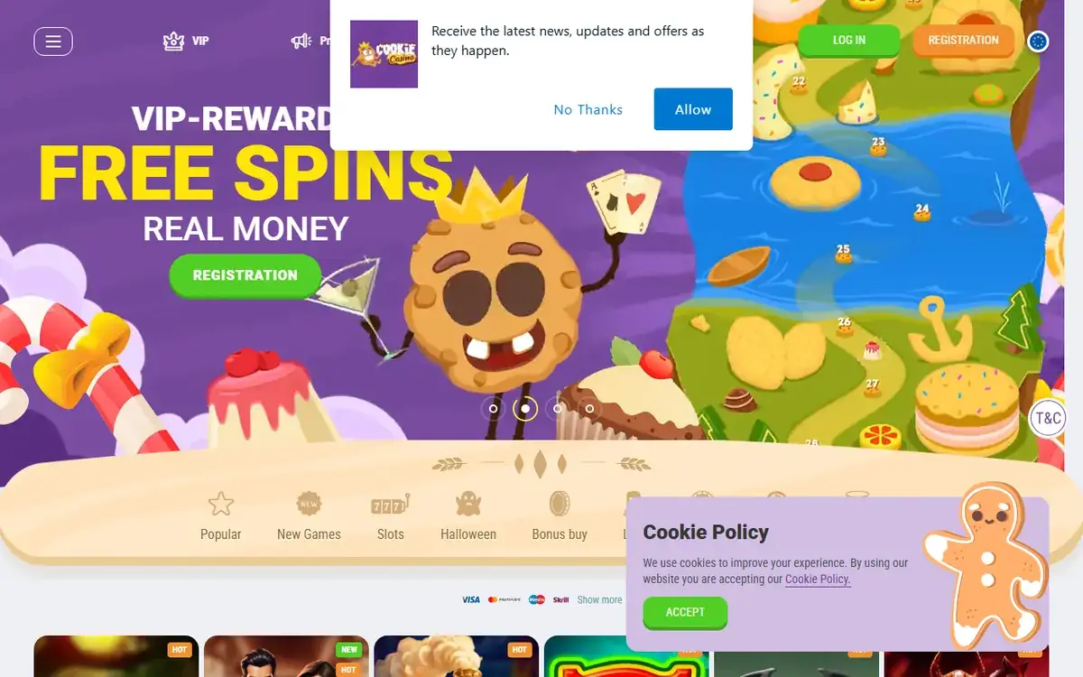Startsidan hos Cookie Casino (cookiecasino.com), skärmbild 18 oktober 2026