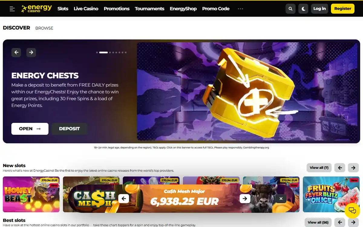 Startsidan hos EnergyCasino (energycasino.com), skärmbild 18 oktober 2026