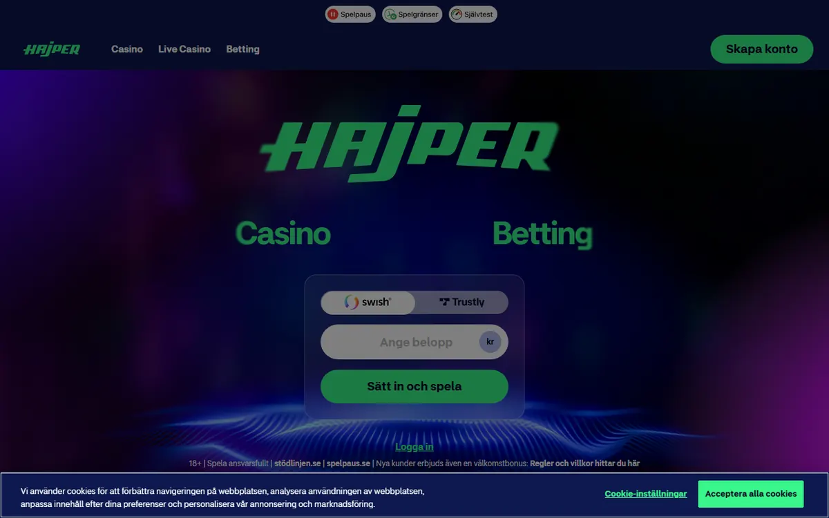 Startsidan hos Hajper (hajper.com), skärmbild 18 oktober 2026