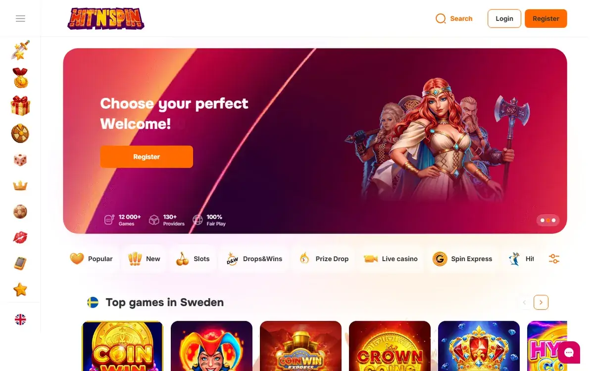 Startsidan hos Hit'n'Spin (hitnspin.com), skärmbild 18 oktober 2026