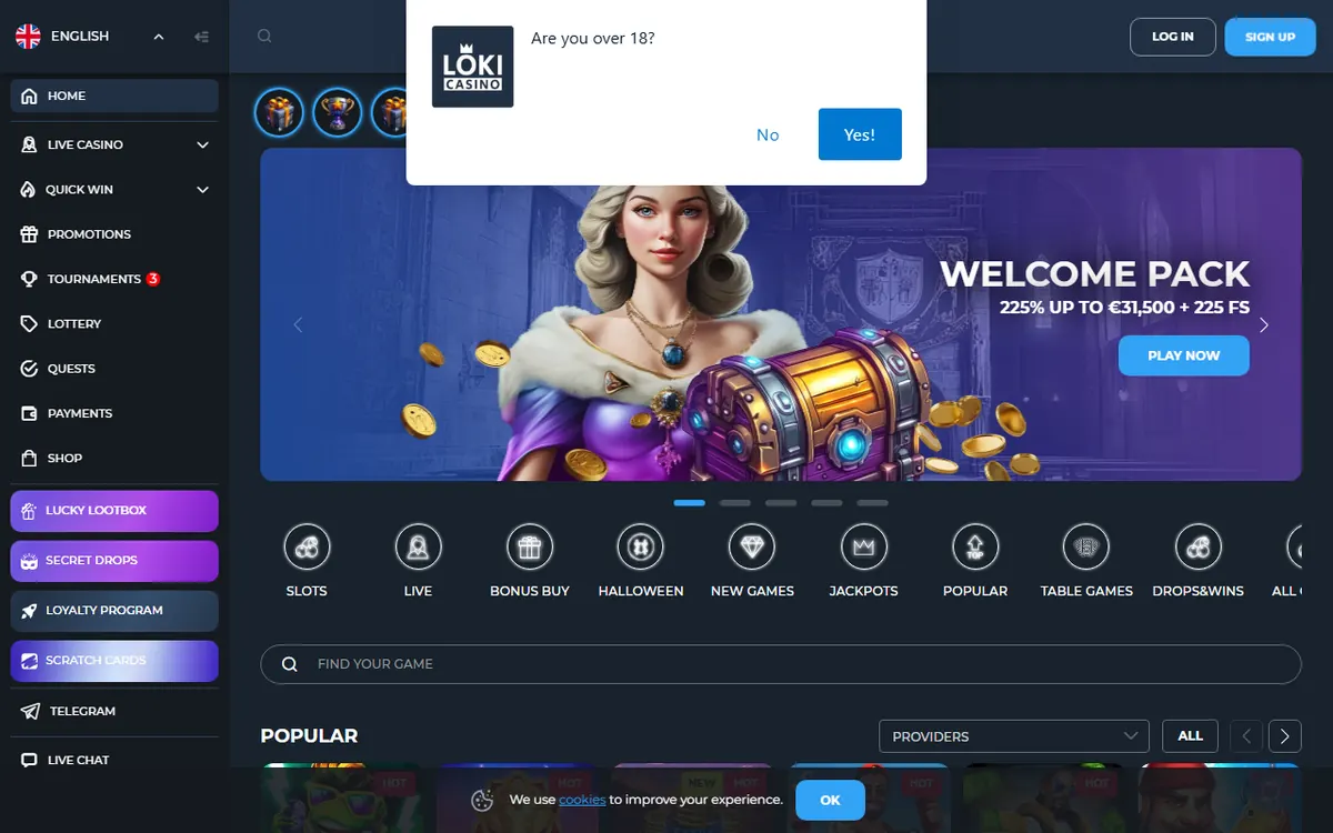 Startsidan hos Loki Casino