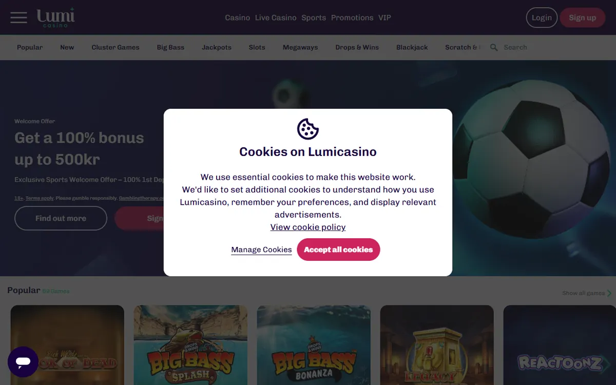 Startsidan hos Lumicasino