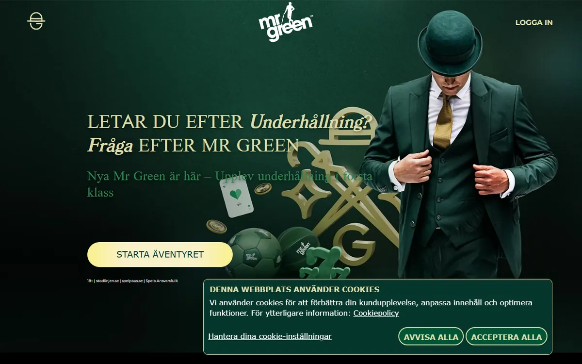 Startsidan hos Mr Green (mrgreen.se), skärmbild 18 oktober 2026