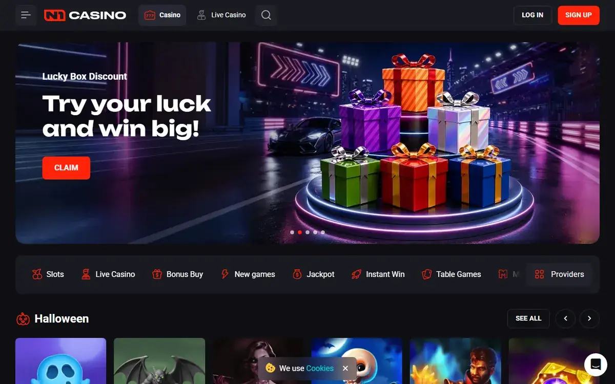 Startsidan hos N1 Casino (n1casino.com), skärmbild 18 oktober 2026