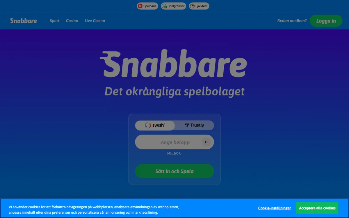 Startsidan hos Snabbare (snabbare.com), skärmbild 18 oktober 2026