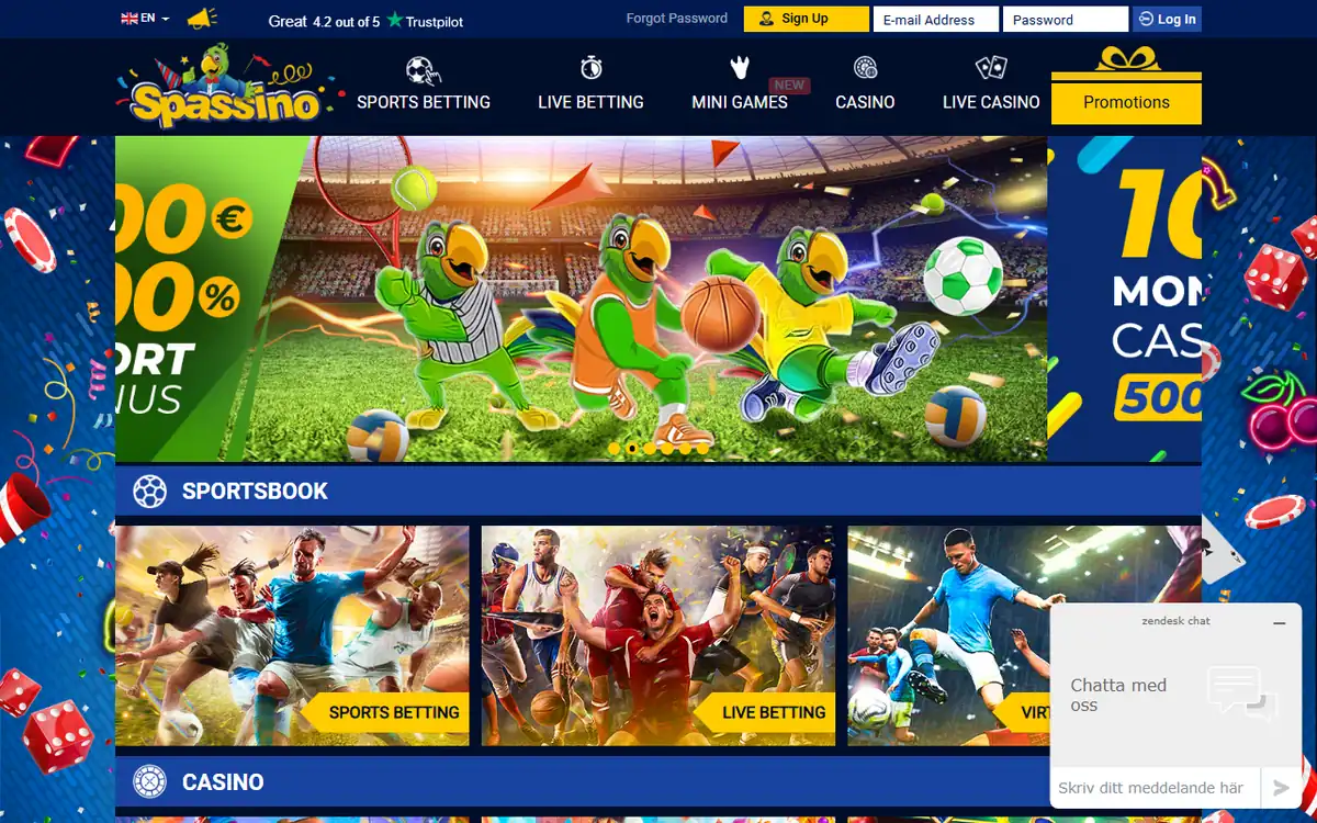 Startsidan hos Spassino