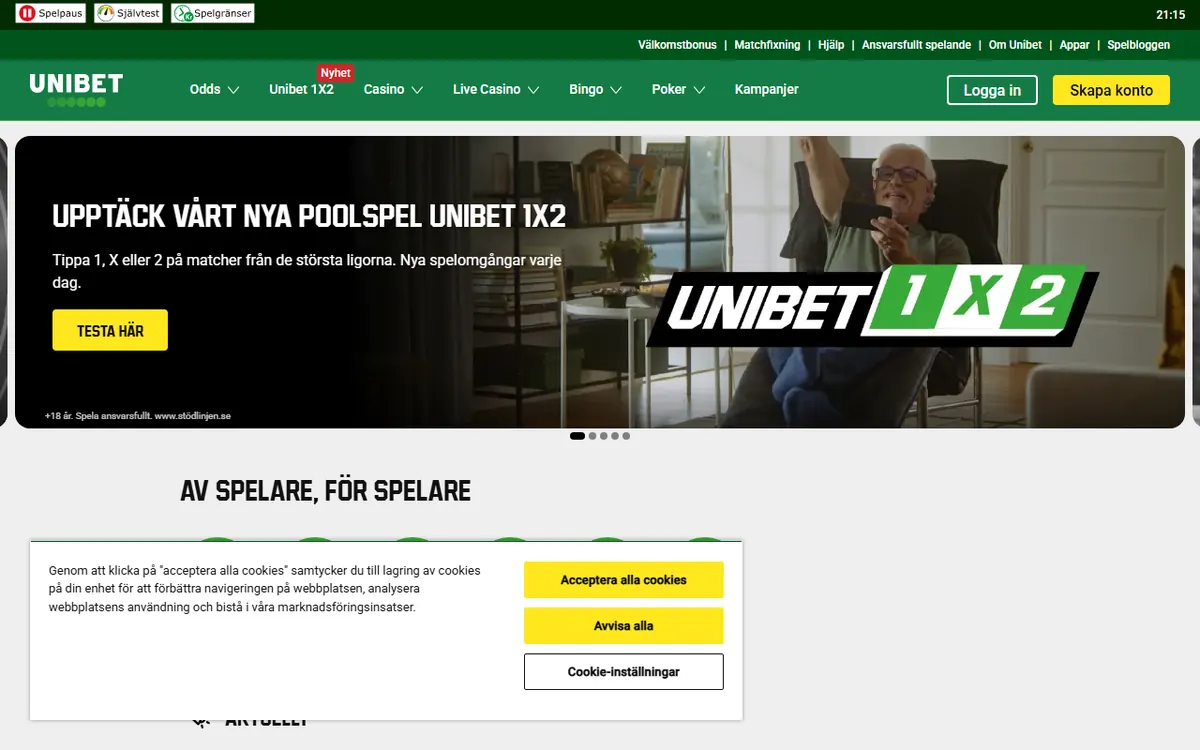 Startsidan hos Unibet (unibet.se), skärmbild 18 oktober 2026